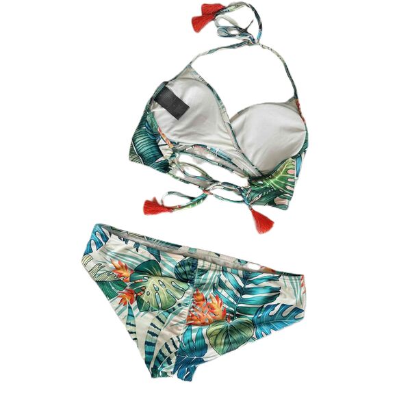 Vince Camuto Bikini Set Medium M Leaf Pattern Halter Tassel Tropical - Picture 5 of 12